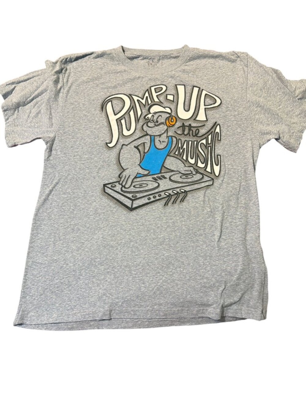 Popeye Pump Up The Music Graphic Gray Short Sleeve T Shirt Cartoon DJ Crew Neck